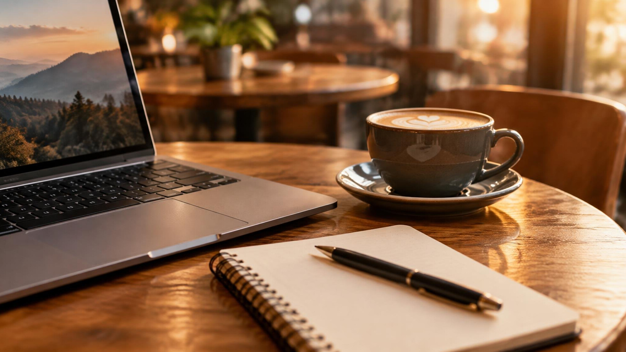 Laptop and notebook on a cafe table
