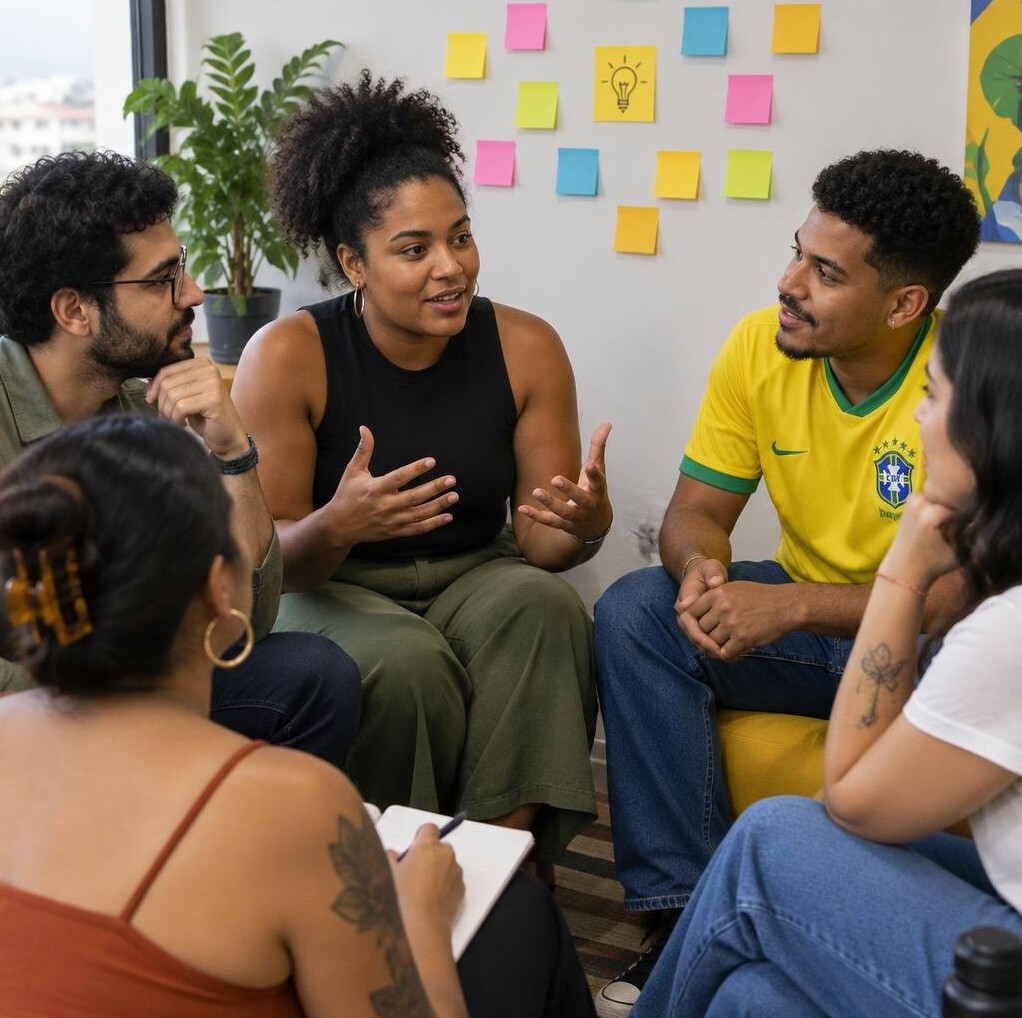 Colleagues sharing ideas in a workshop