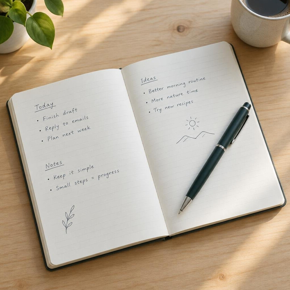 Open notebook with a pen on a table