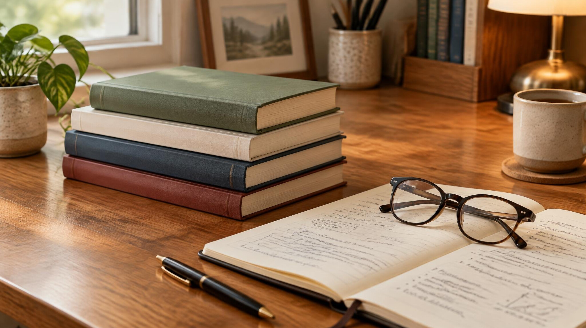 Stack of books and notes on a desk